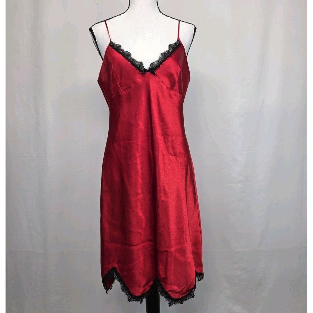 Deane & White Satin Slip Dress Sz Large Lace Trim Chemise Lingerie Red Goth 3316 - Picture 2 of 10
